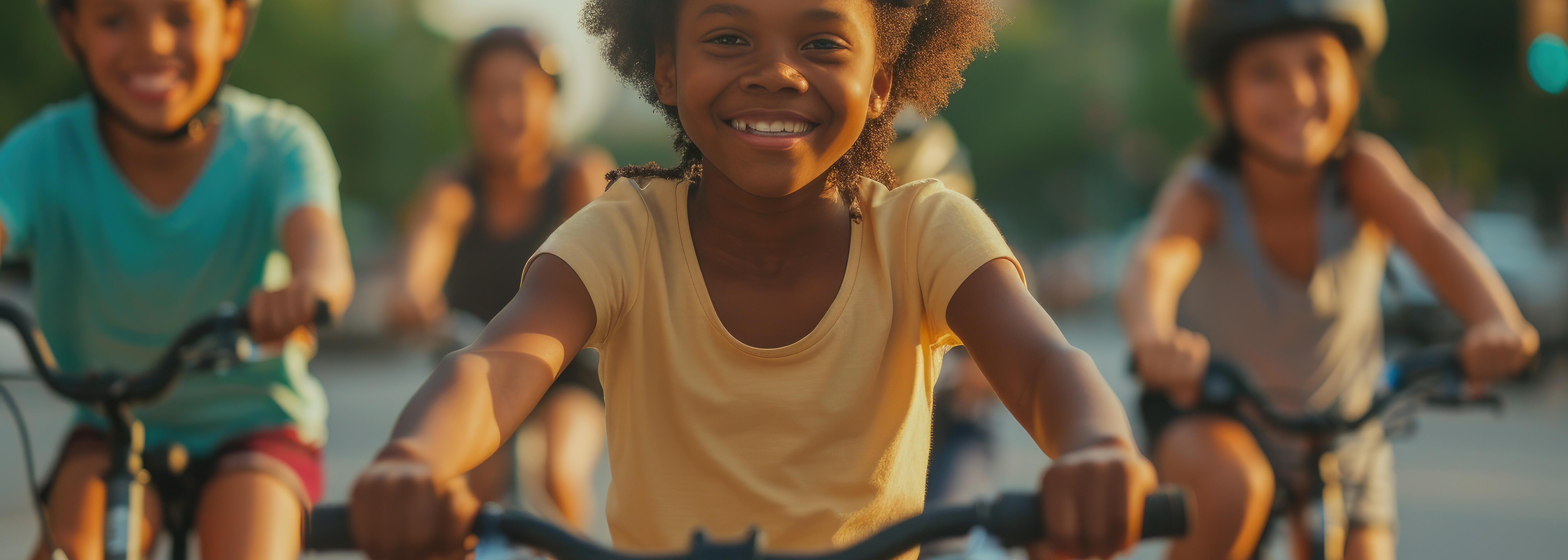 Ein fröhliches Mädchen mit gelbem Fahrradhelm fährt auf einem Fahrrad und blickt direkt in die Kamera. Hinter ihr fahren drei weitere Kinder, ebenfalls mit Helmen.